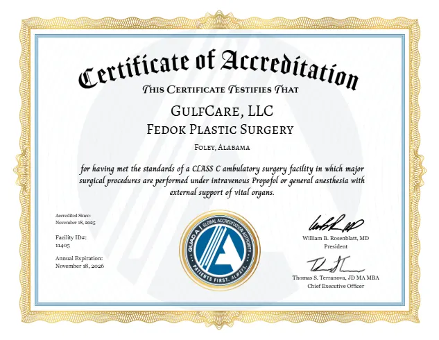Official Certificate of Quad A–Accreditation for Fedok Plastic Surgery 2025-2026